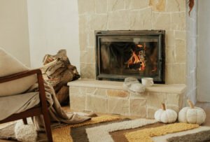 white tile fireplace