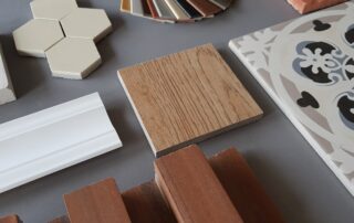 samples of material, wood , on concrete table.Interior design select material for idea. Decoration idea concept vintage material.