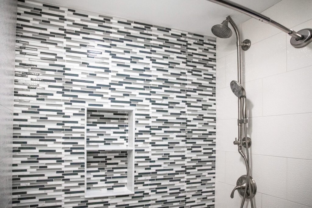 modern shower with custom tile inset | Ulta Home