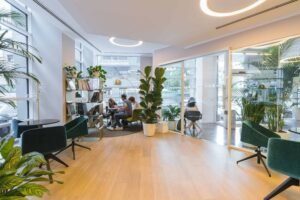 modern workspace office with plants and neutral tones