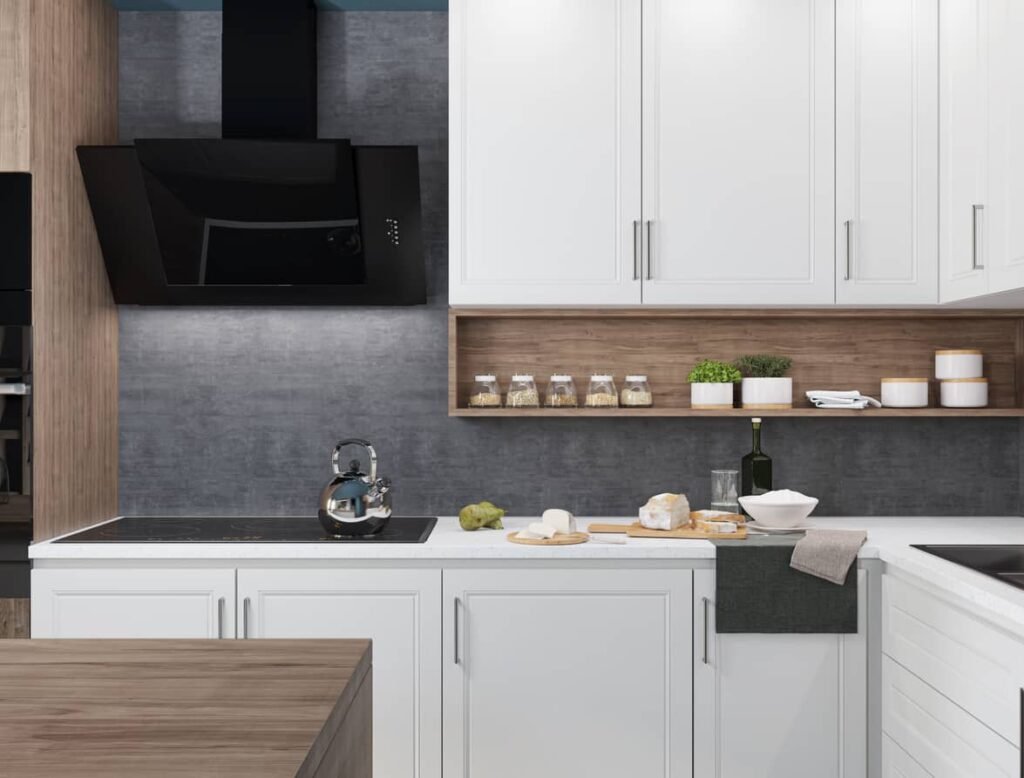 medium shot of white cabinets in a warm modern kitchen