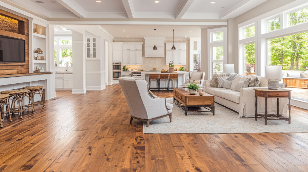 white open concept living room with hardwood floors