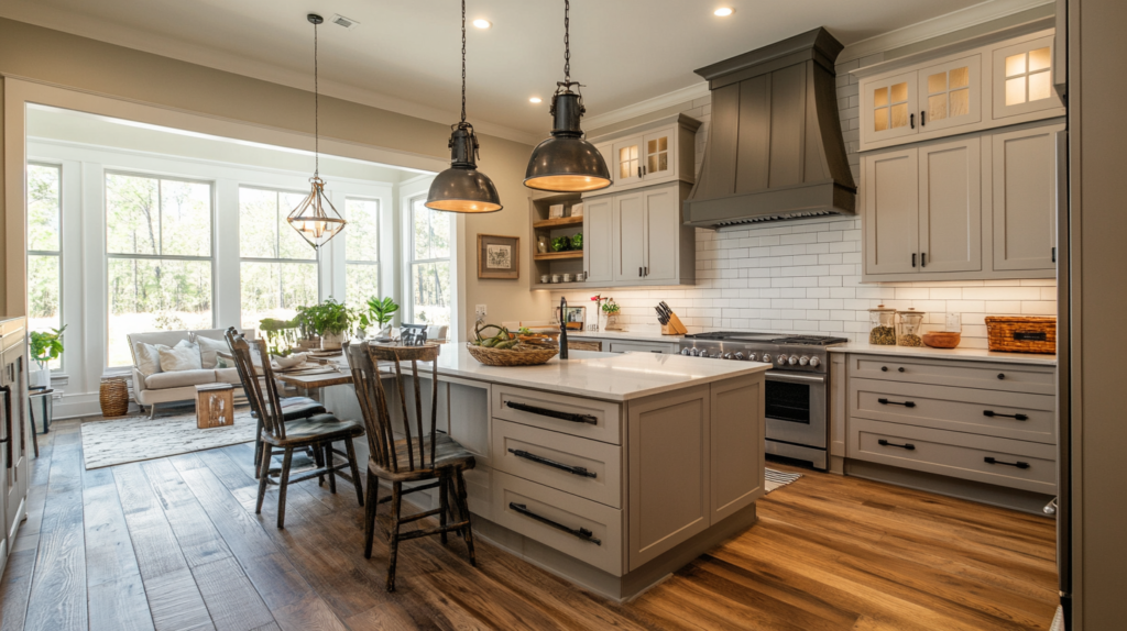 modern kitchen with painted cabinets and new hardwood floors