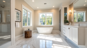 modern luxury bath with free stand tub and white cabinets