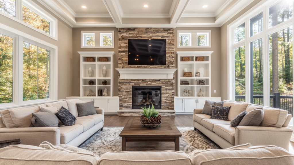 modern living room with natural light and cathedral ceilings