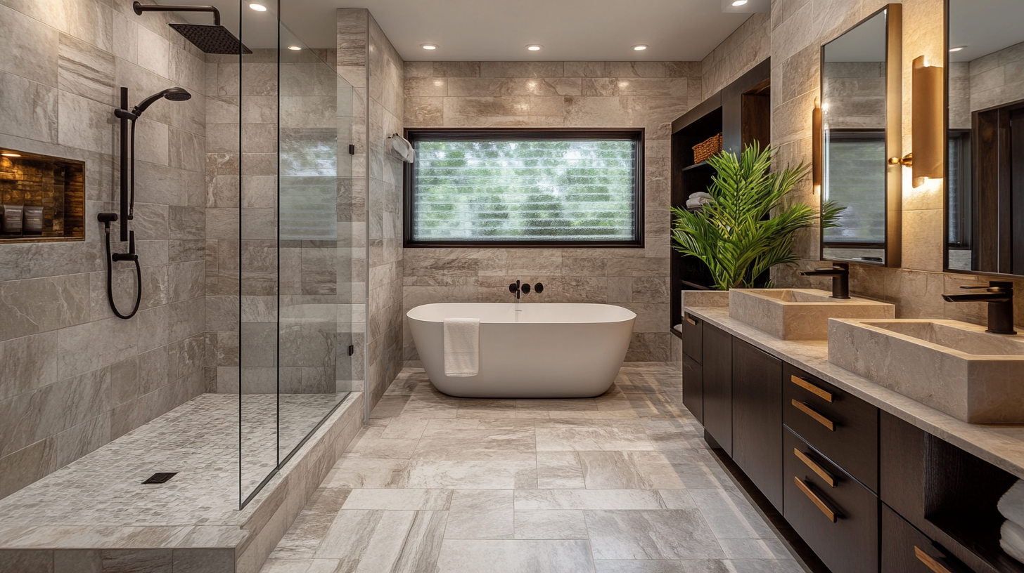 modern bathroom with tub, shower and his and hers granite sink