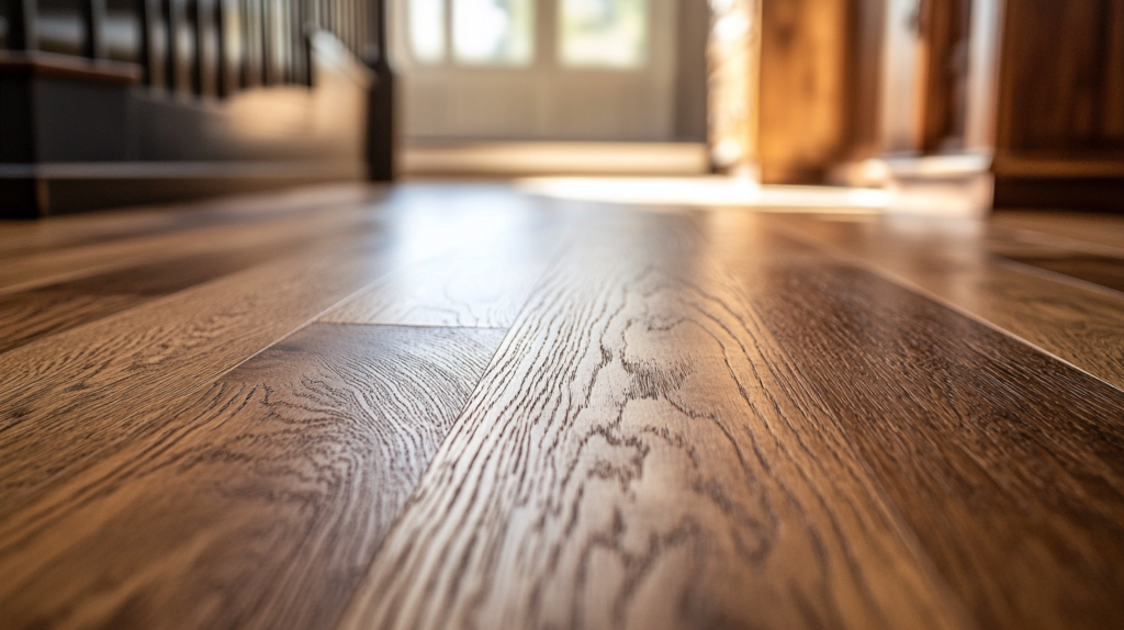 closeup shot of newly installed engineered hardwood flooring