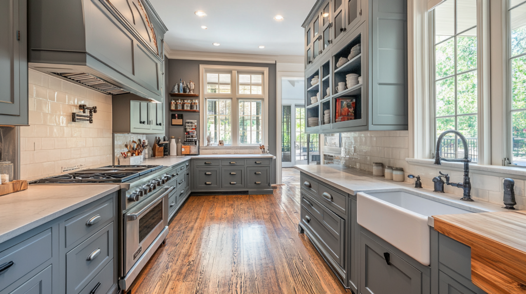 modern kitchen with blue painted cabinets and new hardwood floors