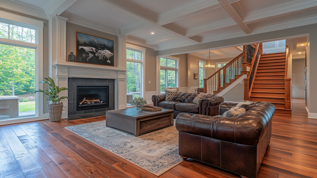 open concept living room with leather couches and fireplace